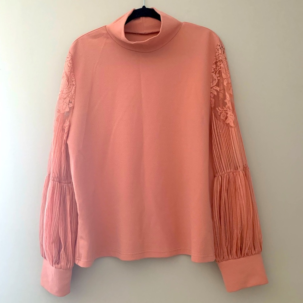 Dusty rose long sleeve mock neck top with sheer floral lace sleeves